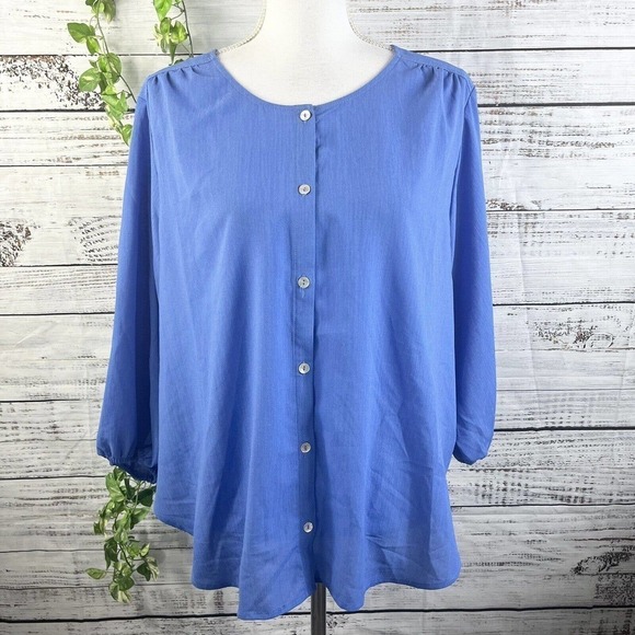 Adrienne Cittadini Blouse Top Extra Large Blue Button Front Career Lagenlook - Picture 1 of 11